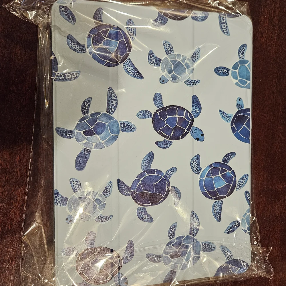 Tablet Case with Blue Sea Turtle Print - Light Blue